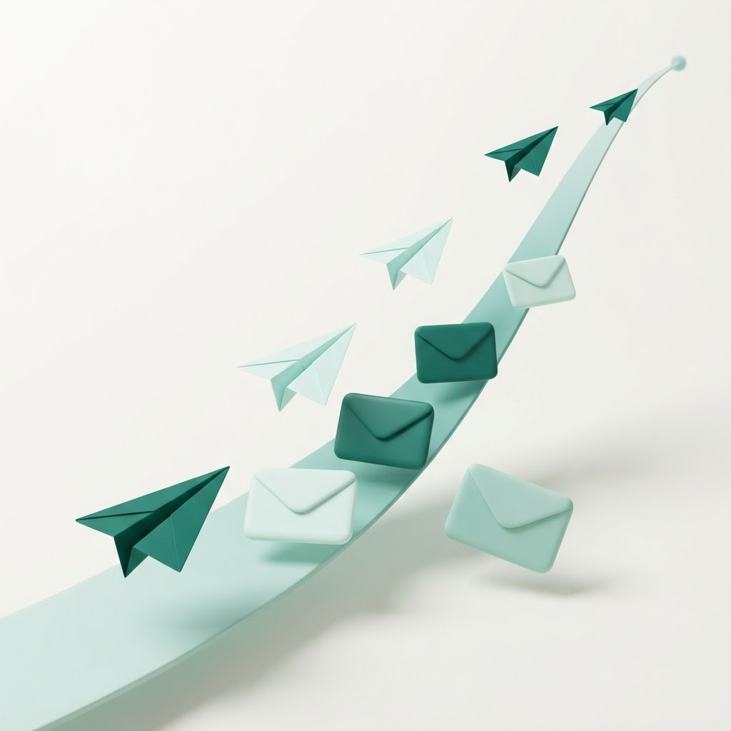 Paper planes and envelopes rising along an upward curve, illustrating email delivery